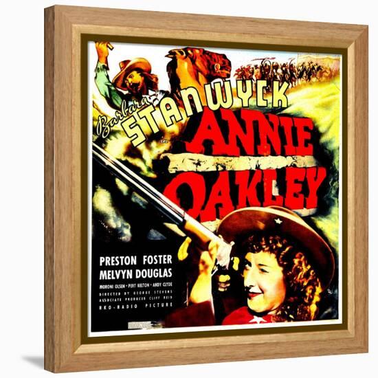 ANNIE OAKLEY, top: Moroni Olsen, bottom: Barbara Stanwyck on jumbo window card, 1935-null-Framed Stretched Canvas