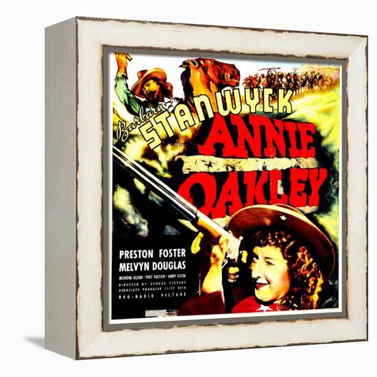 ANNIE OAKLEY, top: Moroni Olsen, bottom: Barbara Stanwyck on jumbo window card, 1935-null-Framed Stretched Canvas