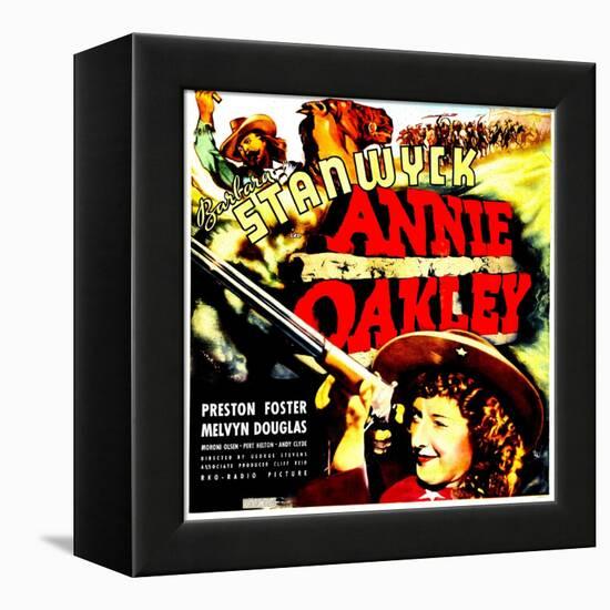 ANNIE OAKLEY, top: Moroni Olsen, bottom: Barbara Stanwyck on jumbo window card, 1935-null-Framed Stretched Canvas