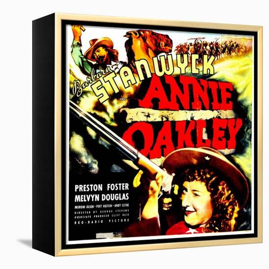 ANNIE OAKLEY, top: Moroni Olsen, bottom: Barbara Stanwyck on jumbo window card, 1935-null-Framed Stretched Canvas