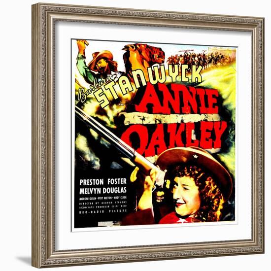 ANNIE OAKLEY, top: Moroni Olsen, bottom: Barbara Stanwyck on jumbo window card, 1935-null-Framed Art Print