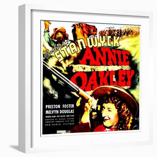 ANNIE OAKLEY, top: Moroni Olsen, bottom: Barbara Stanwyck on jumbo window card, 1935-null-Framed Art Print