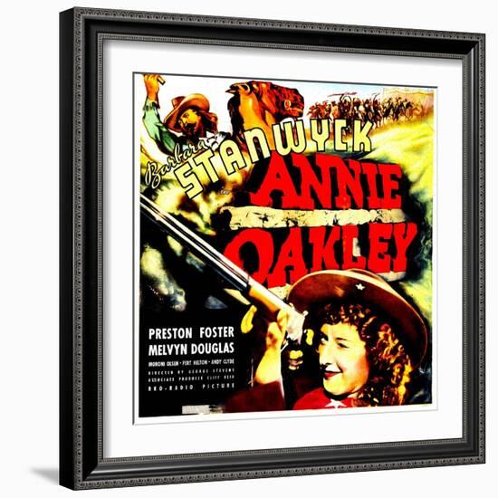 ANNIE OAKLEY, top: Moroni Olsen, bottom: Barbara Stanwyck on jumbo window card, 1935-null-Framed Art Print