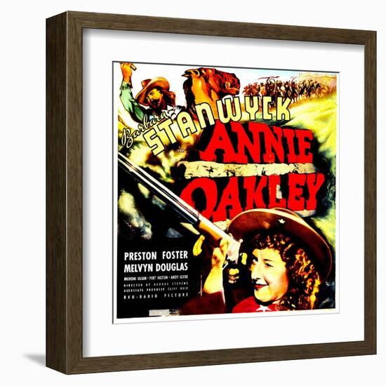 ANNIE OAKLEY, top: Moroni Olsen, bottom: Barbara Stanwyck on jumbo window card, 1935-null-Framed Art Print