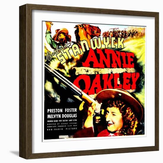 ANNIE OAKLEY, top: Moroni Olsen, bottom: Barbara Stanwyck on jumbo window card, 1935-null-Framed Premium Giclee Print