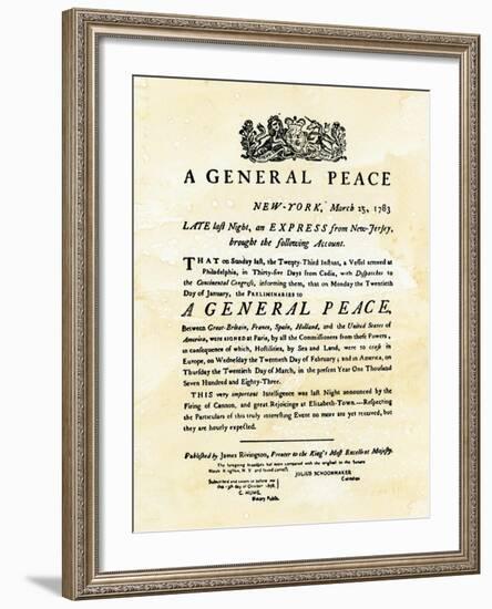 Announcement of Peace Treaty Ending the Revolutionary War, Printed in New York City, March 25, 1783-null-Framed Giclee Print