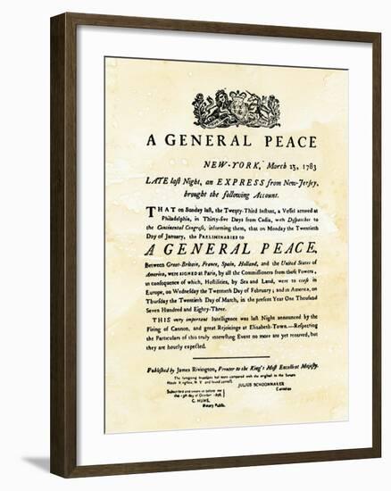 Announcement of Peace Treaty Ending the Revolutionary War, Printed in New York City, March 25, 1783-null-Framed Giclee Print