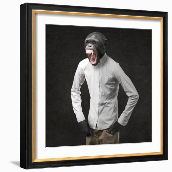 Annoyed Monkey Shouting On Black Background-Aaron Amat-Framed Art Print