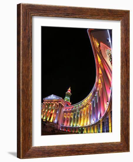 Annual Holiday Light Display Illuminates the Denver County Building, Seen Through a Fisheye Lens-null-Framed Photographic Print