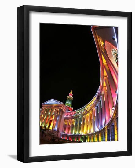 Annual Holiday Light Display Illuminates the Denver County Building, Seen Through a Fisheye Lens-null-Framed Photographic Print