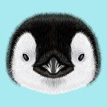 Illustrated Portrait of Emperor Penguin Chick. Cute Fluffy Face of Bird Baby on Blue Background.-ant_art-Art Print
