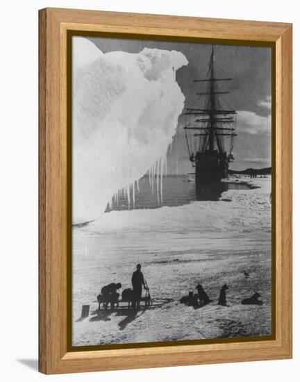 Antarctic Expedition of Robert Scott on Ice with Ship "Terra Nova" Anchored in Background-null-Framed Premier Image Canvas