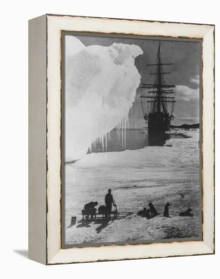 Antarctic Expedition of Robert Scott on Ice with Ship "Terra Nova" Anchored in Background-null-Framed Premier Image Canvas