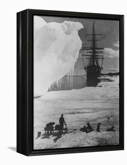 Antarctic Expedition of Robert Scott on Ice with Ship "Terra Nova" Anchored in Background-null-Framed Premier Image Canvas