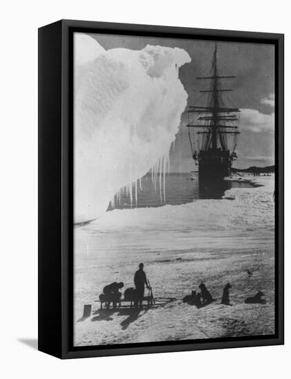 Antarctic Expedition of Robert Scott on Ice with Ship "Terra Nova" Anchored in Background-null-Framed Premier Image Canvas