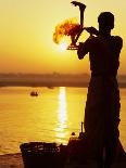 Woman Pouring Water During Morning Puja on Ganges, Varanasi, India-Anthony Plummer-Framed Premier Image Canvas
