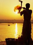 Priest Moves Lantern in Front of Sun During Morning Puja on Ganga Ma, Varanasi, India-Anthony Plummer-Framed Photographic Print