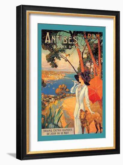 Antibes, Lady in White with Parasol and Dog-David Dellepiane-Framed Art Print