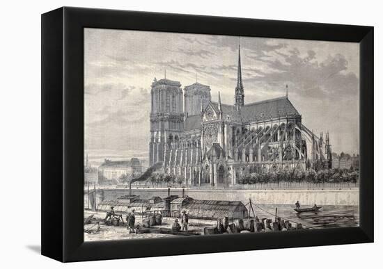 Antique Engraved Illustration Of Notre Dame De Paris, From A Drawing Of Fichot And Gaildrau-marzolino-Framed Stretched Canvas