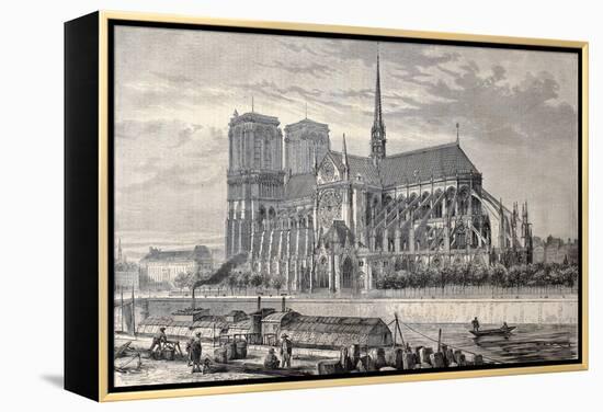 Antique Engraved Illustration Of Notre Dame De Paris, From A Drawing Of Fichot And Gaildrau-marzolino-Framed Stretched Canvas