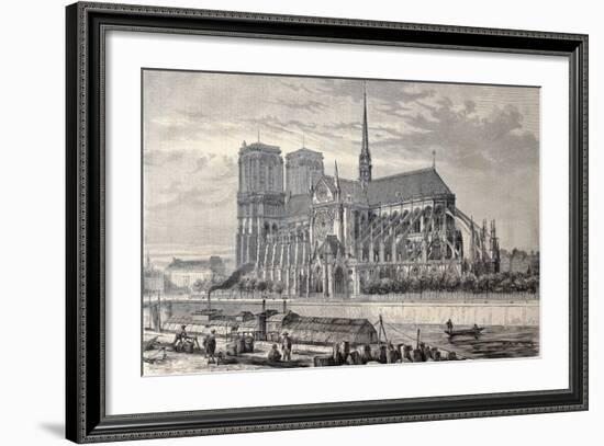 Antique Engraved Illustration Of Notre Dame De Paris, From A Drawing Of Fichot And Gaildrau-marzolino-Framed Art Print