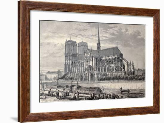 Antique Engraved Illustration Of Notre Dame De Paris, From A Drawing Of Fichot And Gaildrau-marzolino-Framed Art Print