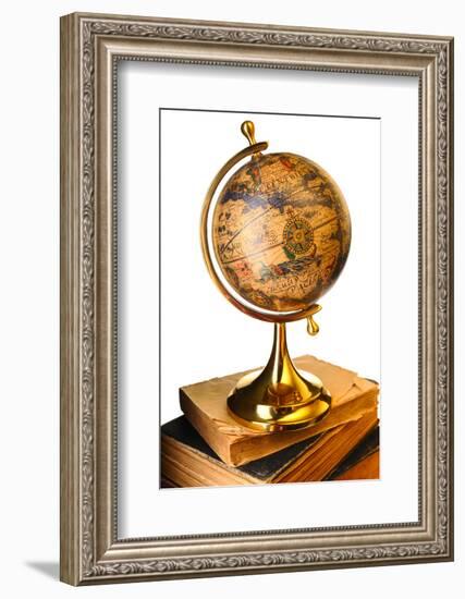 Antique Globe on Old Books Isolated over White-haveseen-Framed Photographic Print