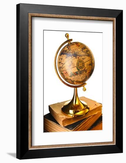 Antique Globe on Old Books Isolated over White-haveseen-Framed Photographic Print