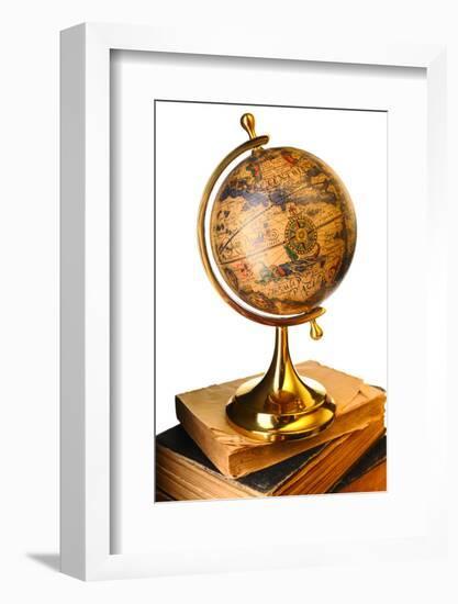 Antique Globe on Old Books Isolated over White-haveseen-Framed Photographic Print