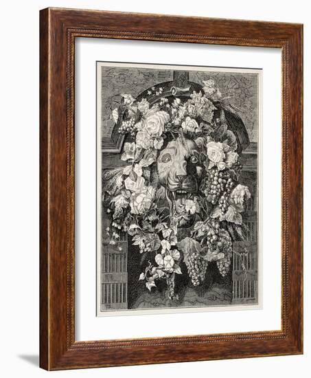 Antique Illustration Of A Mascaron Framed By Flowers: Architectural Decorative Element-marzolino-Framed Art Print