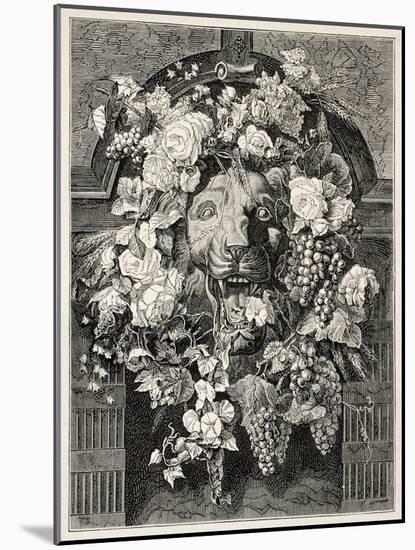 Antique Illustration Of A Mascaron Framed By Flowers: Architectural Decorative Element-marzolino-Mounted Art Print