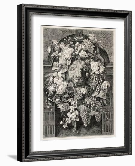 Antique Illustration Of A Mascaron Framed By Flowers: Architectural Decorative Element-marzolino-Framed Art Print