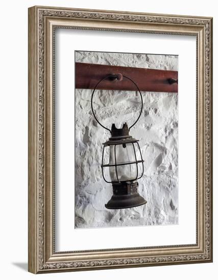 Antique lantern hanging on white wall, Shaker Village of Pleasant Hill, Harrodsburg, Kentucky-Adam Jones-Framed Photographic Print