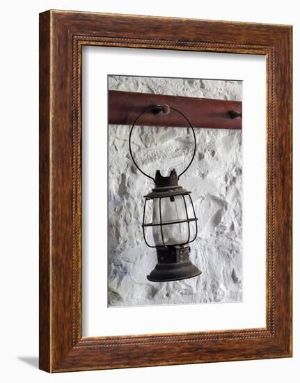 Antique lantern hanging on white wall, Shaker Village of Pleasant Hill, Harrodsburg, Kentucky-Adam Jones-Framed Photographic Print