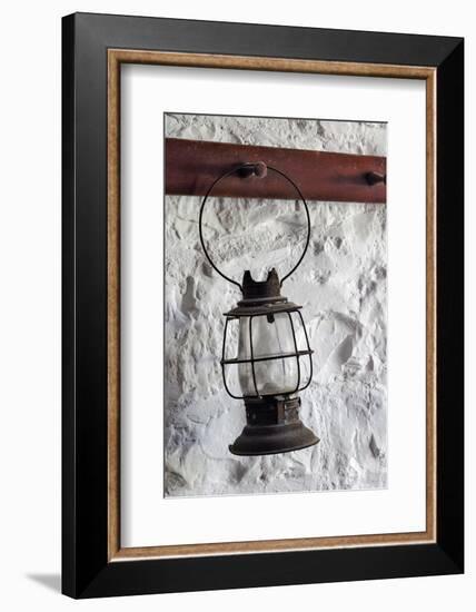 Antique lantern hanging on white wall, Shaker Village of Pleasant Hill, Harrodsburg, Kentucky-Adam Jones-Framed Photographic Print