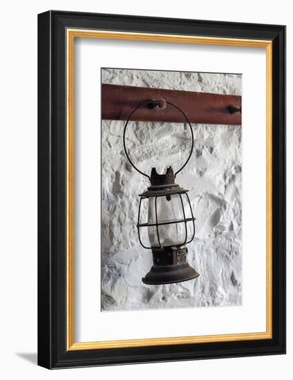 Antique lantern hanging on white wall, Shaker Village of Pleasant Hill, Harrodsburg, Kentucky-Adam Jones-Framed Photographic Print