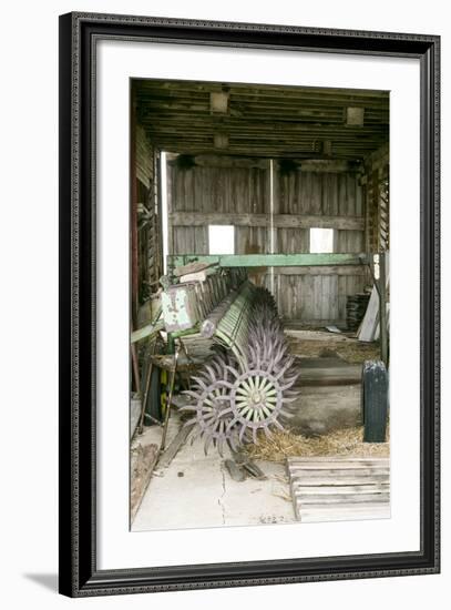 Antique Plow in an Old Wooden Barn, Joliet, Illinois, USA. Route 66-Julien McRoberts-Framed Photographic Print