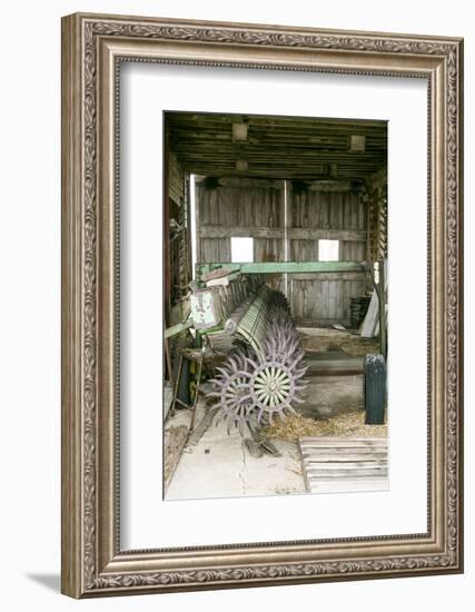 Antique Plow in an Old Wooden Barn, Joliet, Illinois, USA. Route 66-Julien McRoberts-Framed Photographic Print