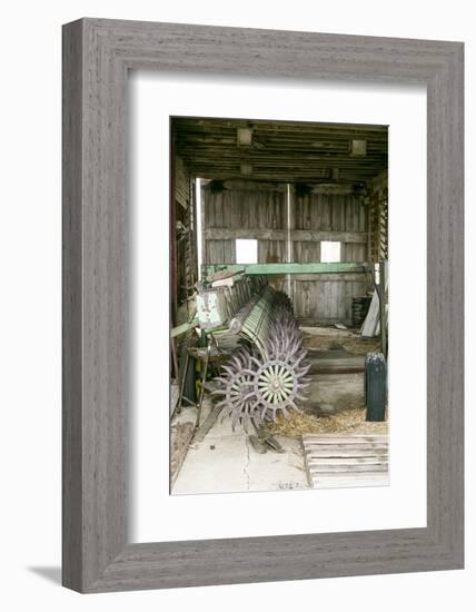 Antique Plow in an Old Wooden Barn, Joliet, Illinois, USA. Route 66-Julien McRoberts-Framed Photographic Print