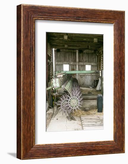 Antique Plow in an Old Wooden Barn, Joliet, Illinois, USA. Route 66-Julien McRoberts-Framed Photographic Print