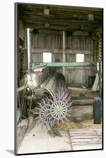 Antique Plow in an Old Wooden Barn, Joliet, Illinois, USA. Route 66-Julien McRoberts-Mounted Photographic Print