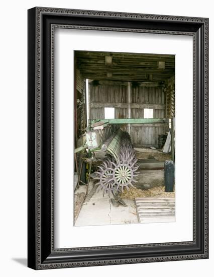 Antique Plow in an Old Wooden Barn, Joliet, Illinois, USA. Route 66-Julien McRoberts-Framed Photographic Print