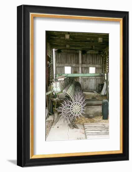 Antique Plow in an Old Wooden Barn, Joliet, Illinois, USA. Route 66-Julien McRoberts-Framed Photographic Print