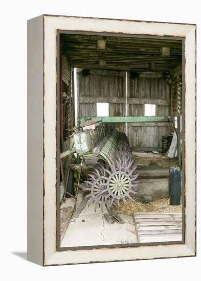 Antique Plow in an Old Wooden Barn, Joliet, Illinois, USA. Route 66-Julien McRoberts-Framed Premier Image Canvas