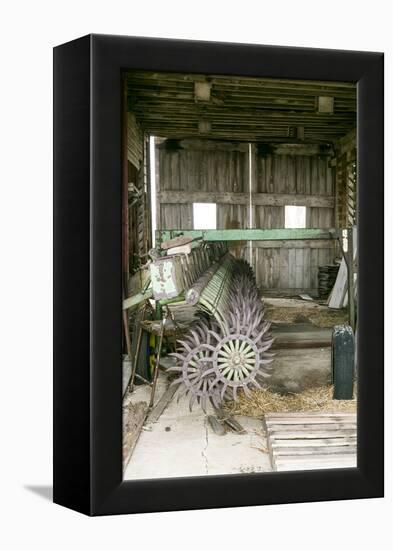 Antique Plow in an Old Wooden Barn, Joliet, Illinois, USA. Route 66-Julien McRoberts-Framed Premier Image Canvas