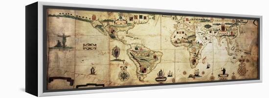 Antique World Planisphere Portolan Map Of Spanish And Portuguese Maritime And Colonial Empire-marzolino-Framed Stretched Canvas