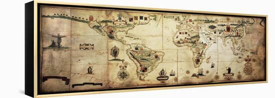 Antique World Planisphere Portolan Map Of Spanish And Portuguese Maritime And Colonial Empire-marzolino-Framed Stretched Canvas