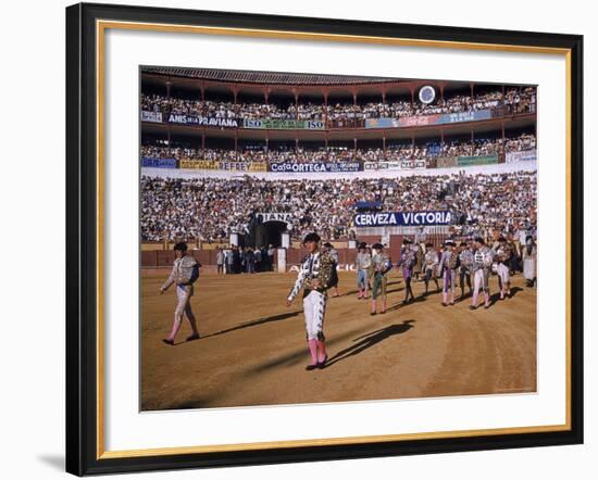 Antonio Ordonez and Luis Miguel Dominguin Greet Crowd Before a Mano Bullfight at Malaga Bullring-James Burke-Framed Premium Photographic Print