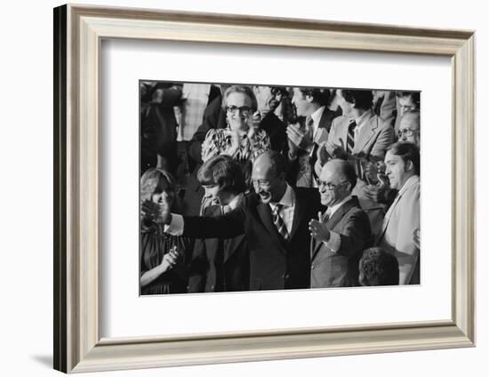 Anwar Sadat and Menachem Begin acknowledge President Carter as he announces the Camp David Accords-Warren K. Leffler-Framed Photographic Print