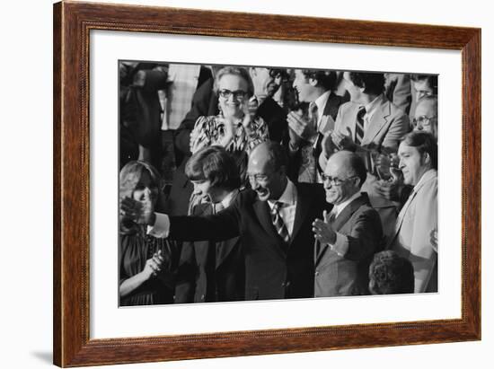 Anwar Sadat and Menachem Begin acknowledge President Carter as he announces the Camp David Accords-Warren K. Leffler-Framed Photographic Print